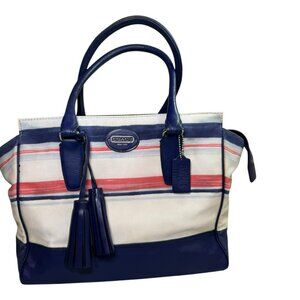 Coach Stripe Canvas & Navy Leather Satchel Tote – Tassel Bag Zip Pocket – Large